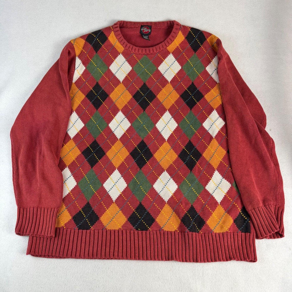 Nick Danger Mens XXL Argyle Sweater Red Knit Crewneck Multi Color Geometric